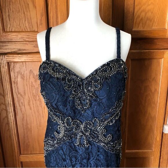 Vintage RINA Di MONTELLA Navy Blue Beaded Gala Wedding Maxi Dress Gown - 16 - Picture 2 of 16